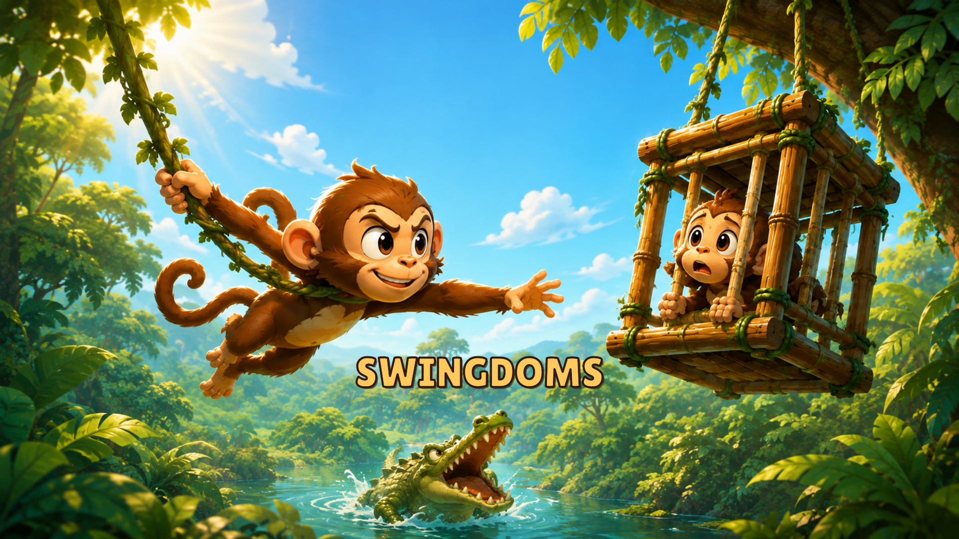 SWINGDOMS monkey swinging through a jungle rescue level