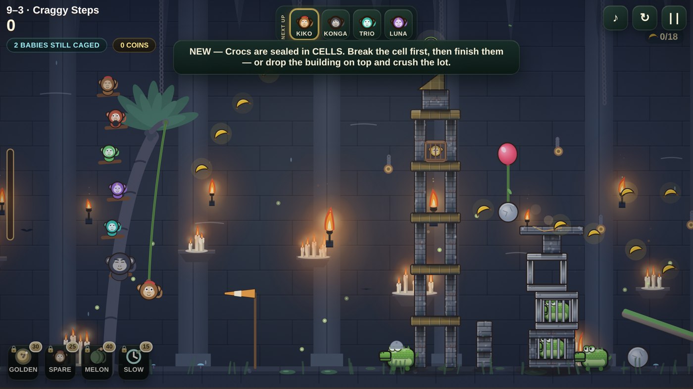 SWINGDOMS dungeon level with a monkey swinging above a crocodile