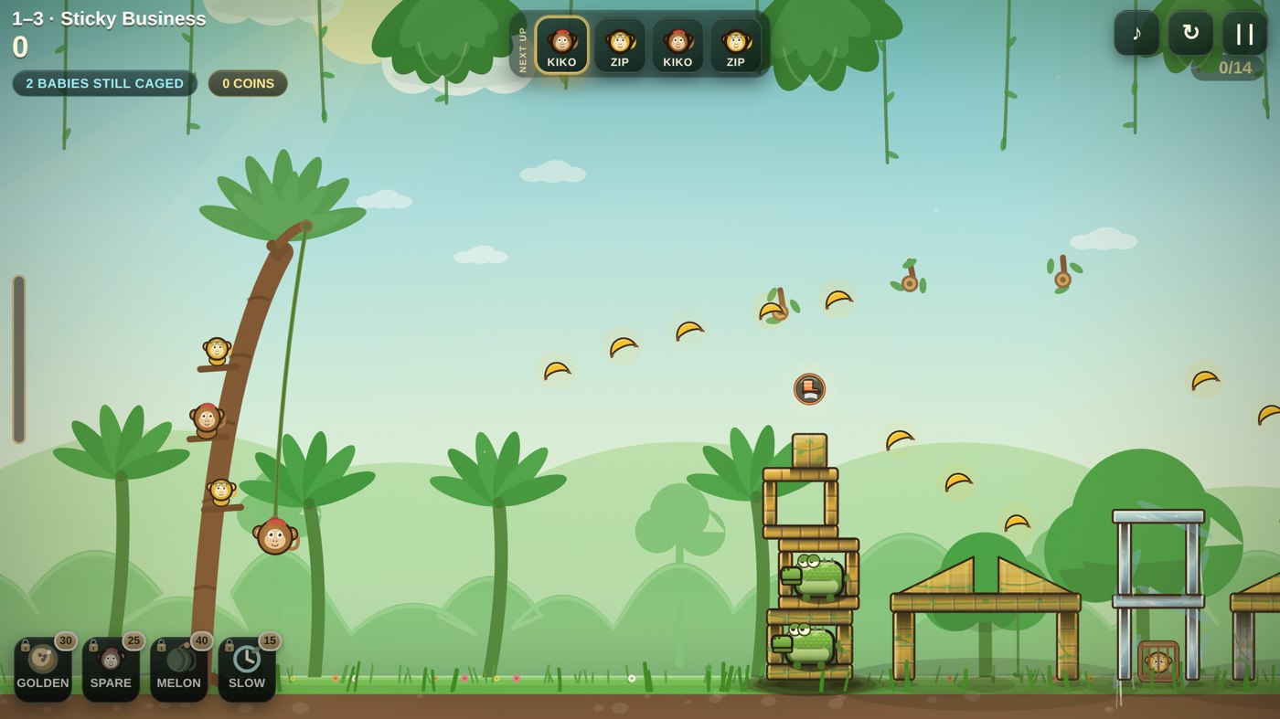 SWINGDOMS jungle level with vines, platforms, and caged troop members