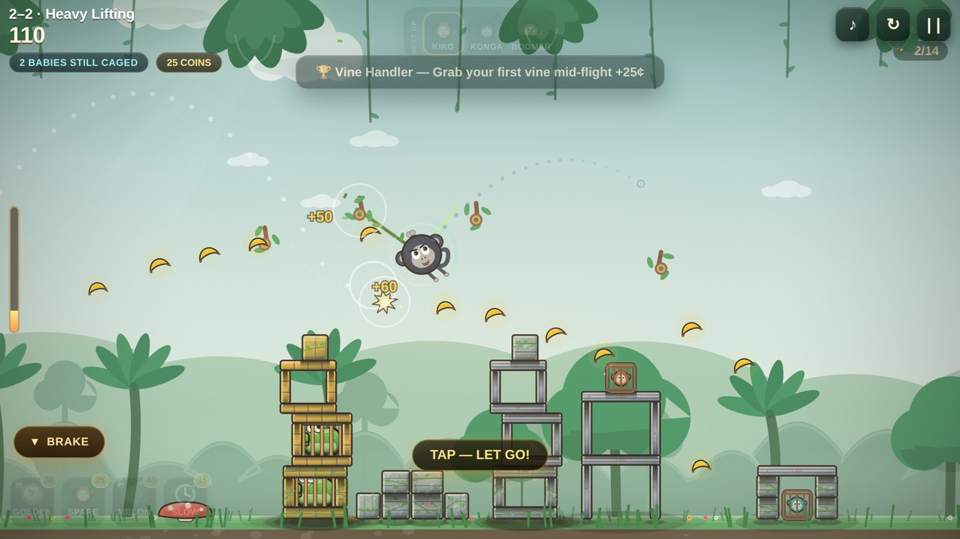 Monkey swinging toward platforms in a SWINGDOMS jungle level